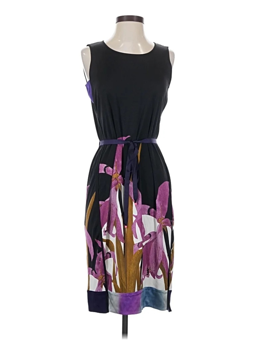 Elie Tahari Black Midi Dress with Purple Orchid Motif